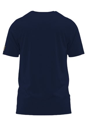 Marineblaue T-Shirts mit kurzen Ärmeln aus Baumwolle, runder Ausschnitt und flachem Rücken, mit einem Logo-Patch auf dem linken Ärmel.