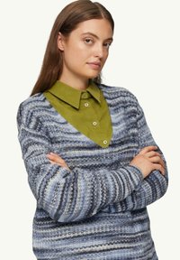 Gebreide trui met een v-hals in blauw, grijs en zwarte strepen, gedragen over een groene coll shirt met knoopdetails.