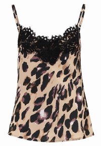 Camisola in satin con spalline regolabili, dotata di stampa leopardata su sfondo beige e intricate pizzi neri sullo scollo.