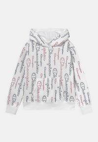 Biała bluza z kapturem z powtarzającymi się logo w niebieskim, czerwonym i czarnym kolorze. Posiada przednią kieszeń oraz ściągacze na rękawach i dolnym obszyciu.