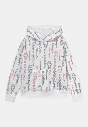 Weißes Kapuzensweatshirt mit wiederholten Logos in blauer, roter und schwarzer Schrift. Hat eine Fronttasche sowie gerippte Bündchen und Saum.