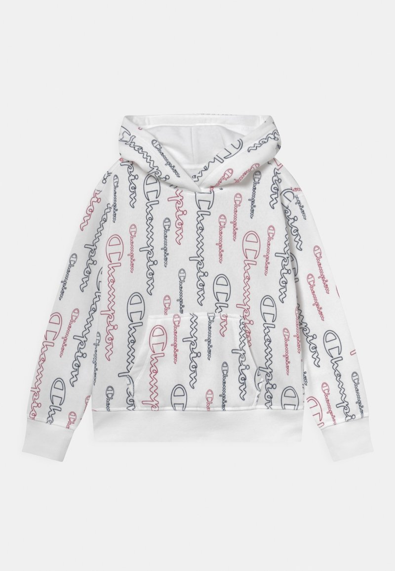 Biała bluza z kapturem z powtarzającymi się logo w niebieskim, czerwonym i czarnym kolorze. Posiada przednią kieszeń oraz ściągacze na rękawach i dolnym obszyciu.