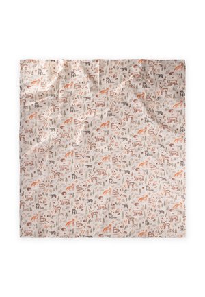 Tela cuadrada con fondo beige claro que presenta pequeñas ilustraciones repetidas de animales del bosque como osos, zorros, ciervos y erizos en tonos marrones y naranjas.