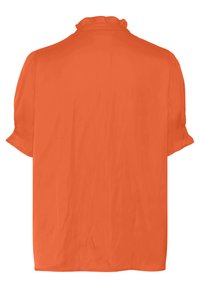 Krátký rukáv oranžová blůza s volánkovým límcem a hladkou texturou, s uvolněným střihem a bez viditelných vzorů nebo akcentů.