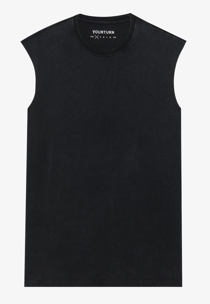 Schwarzes ärmelloses T-Shirt aus Baumwolle, mit Rundhalsausschnitt und geradem Saum. Glatte Textur, minimalistisches Design ohne Muster.
