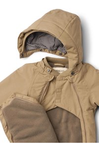 Béžová kapucňová bunda s prošívaným vnějškem, fleecovou podšívkou, zapínáním na patentky a károvanou vnitřní kapucí. Obsahuje kapsu na zip a žebrované manžety.