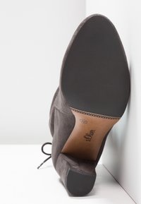 Bottine grise en daim avec semelle en caoutchouc noire, talon bloc bas et semelle intérieure en cuir marquée « s.Oliver », taille 37 visible.