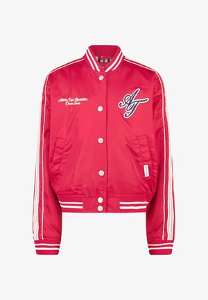 Red satin bomber jacket with white stripes on sleeves, snap buttons, AJ patch on chest, and "Athletic Dept Manhattan Dream Team" embroidery.
