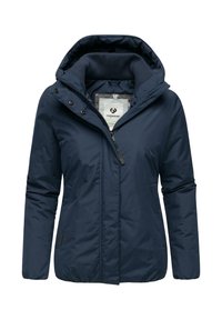 Navy blue insulated jacket featuring a hood, front zipper, and snap-button closure. Made of smooth fabric with a quilted interior.