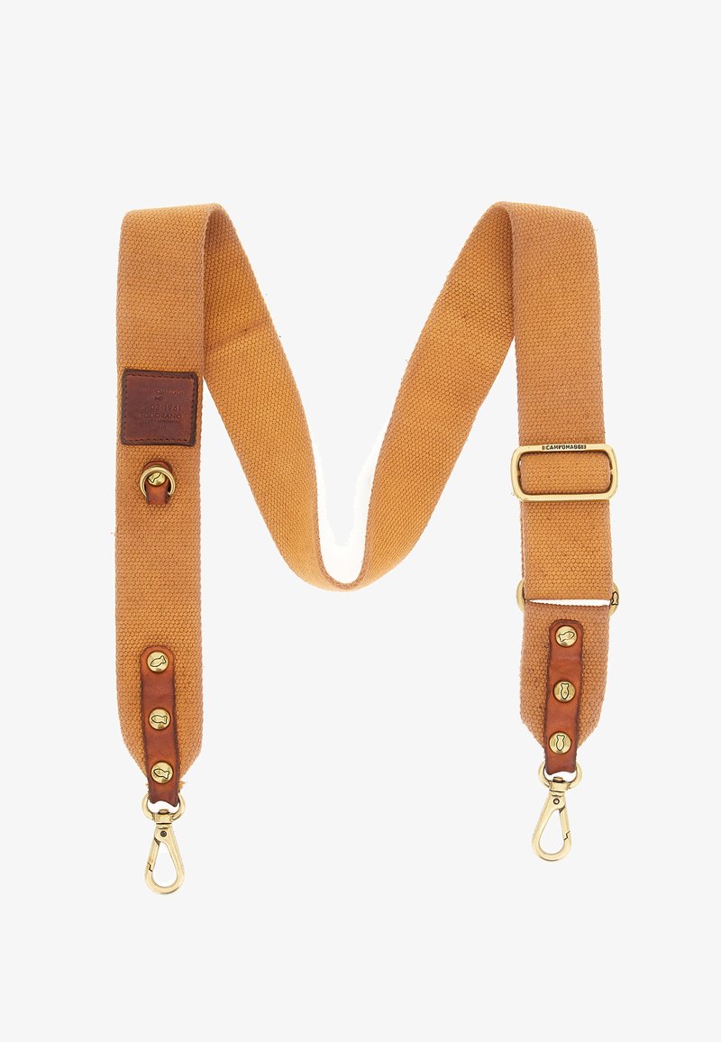 Cinghia a spalla in tela beige con dettagli in pelle marrone, finiture in oro, fibbia regolabile e numerosi dettagli con bottoni in ottone.