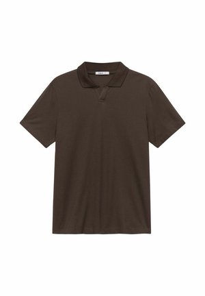 Brązowa koszula polo z krótkim rękawem, wykonana z gładkiej bawełny, z klasycznym kołnierzykiem, bez guzików z przodu oraz luźnym krojem.