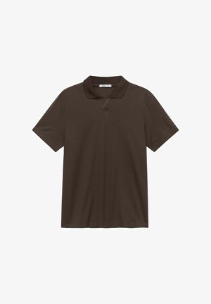 Brązowa koszula polo z krótkim rękawem, wykonana z gładkiej bawełny, z klasycznym kołnierzykiem, bez guzików z przodu oraz luźnym krojem.