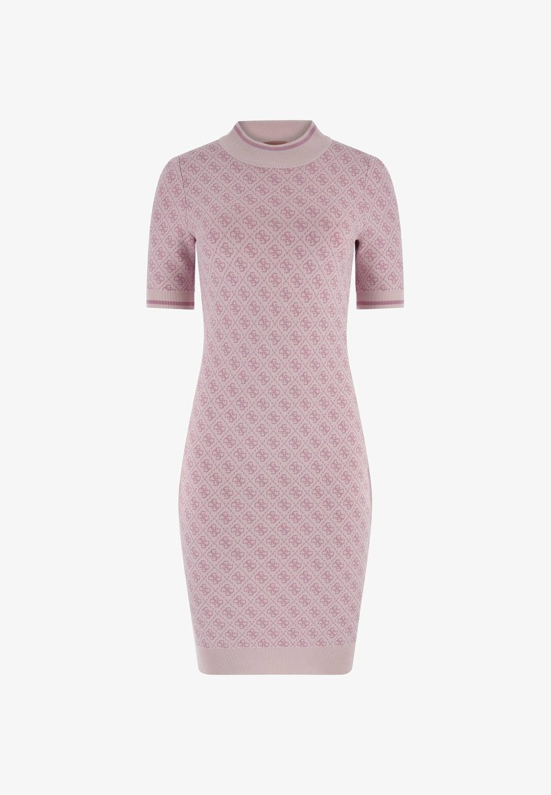 Strickkleid in hellrosa mit einem dezenten Rautenmuster und kurzen Ärmeln. Verfügt über einen gerippten Rundhalsausschnitt und eine taillierte Silhouette.