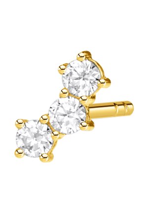 Clou d'oreille en or avec trois pierres précieuses rondes claires disposées verticalement dans un sertissage à griffes.