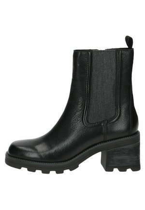 Black ankle boots made of textured leather, featuring elastic side panels, a rounded toe, and a chunky block heel with a grooved sole.