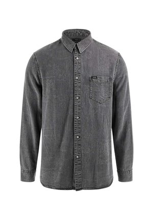 Szürke, hosszú ujjú gombos ing, farmeranyagból készült. Gallérral, elülső zsebbel és kissé kopottas textúrával rendelkezik.