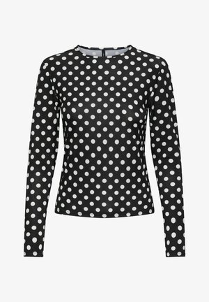 Musta pitkähihainen paita, jossa on valkoisia pisteitä, pyöreä kaulus ja teksturoitu kangas.