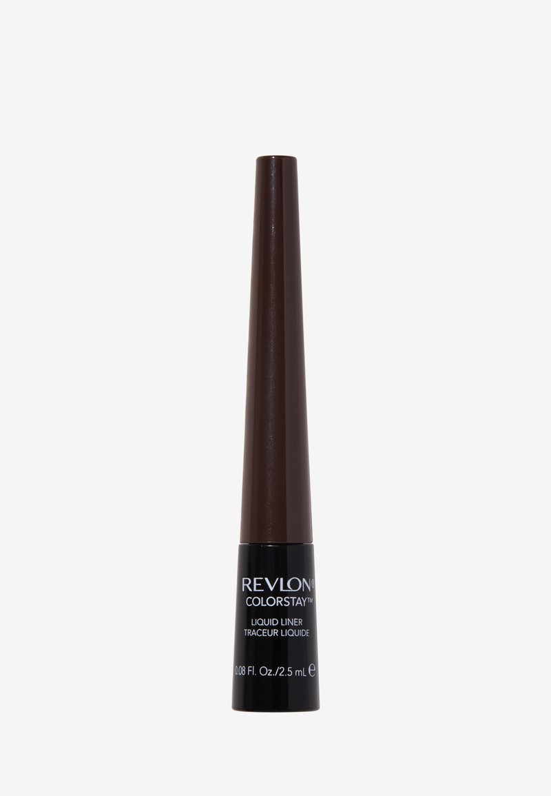 Eyeliner liquide Revlon ColorStay dans un tube en plastique brun élégant avec un applicateur conique, avec un étiquetage noir et une finition brillante.