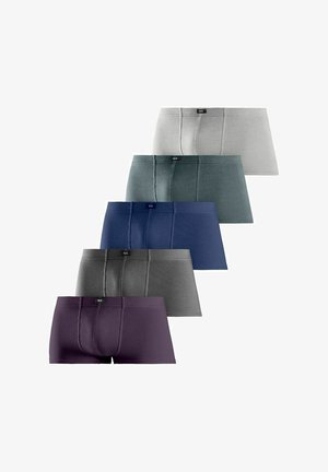 Fünf Herren-Boxershorts in Weiß, Grün, Blau, Grau und Dunkellila, in einem versetzten vertikalen Stapel angeordnet.