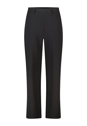 Pantalon noir à jambes droites avec passants de ceinture et devant lisse, conçu pour une coupe ajustée.