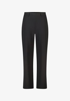 Zwarte rechte broek met riemlussen en een gladde voorkant, ontworpen voor een getailleerde pasvorm.