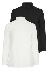 Två polotröjor, en vit och en svart, tillverkade av slät tyg. Båda har lång ärm och en figurnära design.