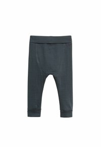 Ciemnoszare legginsy wykonane z miękkiego materiału, charakteryzujące się dopasowanym krojem z żebrowanymi mankietami na kostkach oraz szerokim elastycznym pasem.