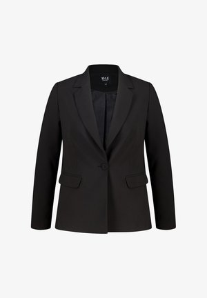 Zwarte damesblazer met een enkele knoop, ingezette revers, klepzakken en een gladde voering, maat 40.