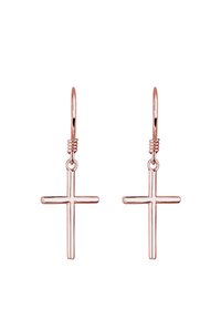 Ohrringe aus Roségold mit Kreuzanhängern. Die Kreuze sind elegant, minimalistisch und hängen an dünnen Draht-Haken mit einem gedrehten Akzent.