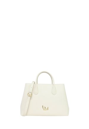 Borsa a mano in pelle bianca con doppi manici, tracolla regolabile con fibbia dorata e piccolo logo dorato al centro davanti.