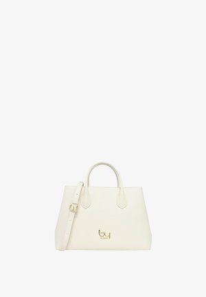 Borsa a mano in pelle bianca con doppi manici, tracolla regolabile con fibbia dorata e piccolo logo dorato al centro davanti.