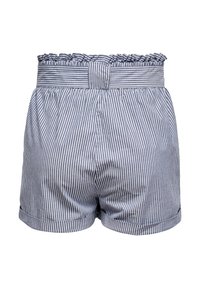 Shorts rayés bleu et blanc avec une ceinture froncée, en tissu léger, dotés d'un ourlet évasé et d'une coupe ajustée.