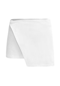 Weißer Wickelrock aus weichem Material. Besitzt ein asymmetrisches Design mit glatter Textur und einer sauberen Verarbeitung entlang der Kanten.