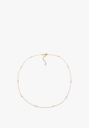 Delikat guldkædehalskæde med jævnt fordelte små hvide perler og en lukning med en justerbar forlængerkæde.