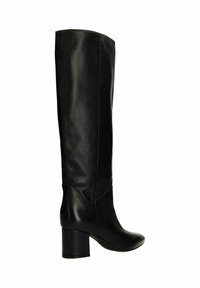 Zwarte leren laarzen tot de knie met een ronde neus en een chunky hak. Heeft een gladde textuur met minimale stikdetails.