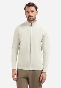 Man in een crèmekleurige ribgebreide sweater met volledige rits en hoge kraag, in een broek in bruintinten, staand tegen een plain witte achtergrond.