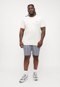 Creme kortærmet t-shirt med logo, parret med blå og hvide stribede shorts. Båret med grå sneakers og hvide sokker på en ensfarvet baggrund.