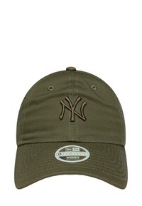 Olive green cap made of cotton, featuring a raised brown "NY" logo on the front, adjustable strap, and a curved visor with stitching details.