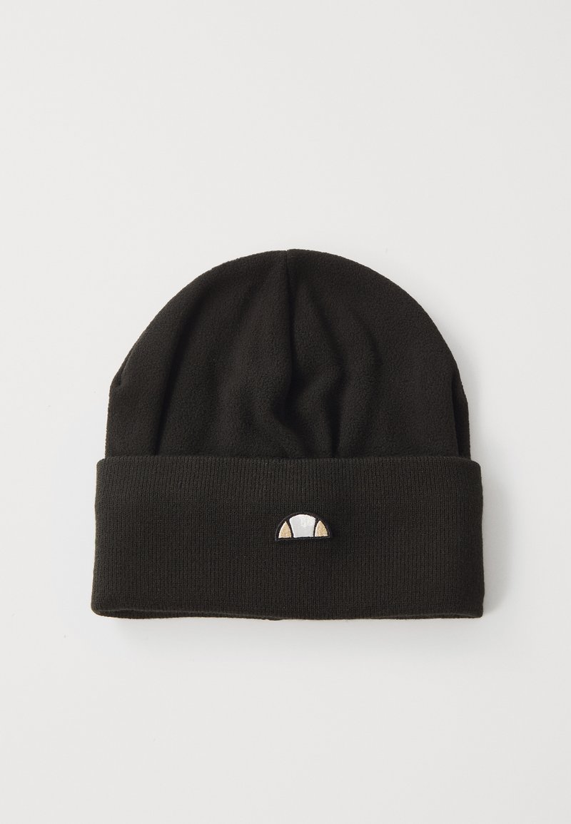 Black knit beanie with a folded cuff, featuring a small embroidered patch resembling a half-moon design in beige and white.