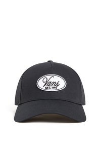Black cap made of fabric featuring a rounded bill. Front displays a white embroidered Vans logo with "EST. 1966" below it.