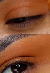 Acercamiento de dos ojos; el ojo superior presenta una piel del párpado suave y bronceada, con pestañas finas, y el ojo inferior tiene un vello de cejas oscuro y bien definido.