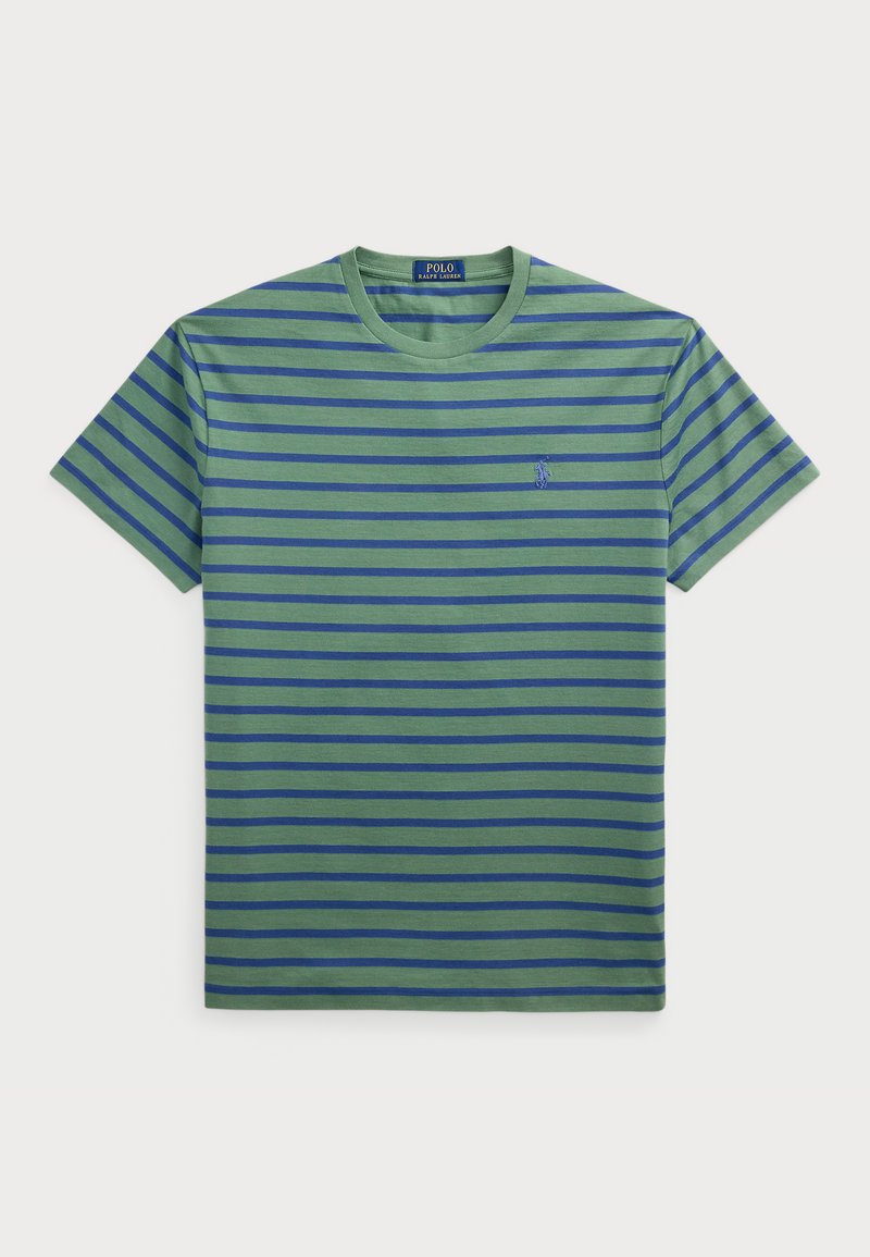 Groene korte mouwen t-shirt met horizontale donkerblauwe strepen, voorzien van een ronde hals en een klein geborduurd logo op de linkerborst.