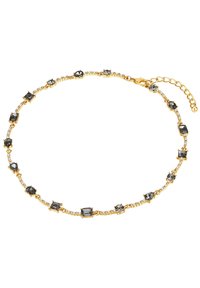 Zlatý reťazový náhrdelník s čiernymi a čírymi rhinestone akcentmi v rôznych tvaroch, spojený jemnými kovovými rámami s nastaviteľným zapínaním.