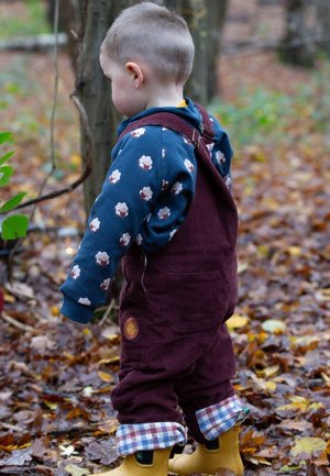 Burgundy corduroy overalls with adjustable straps, featuring a pocket and plaid cuff, worn over a blue sweatshirt with a cloud pattern.