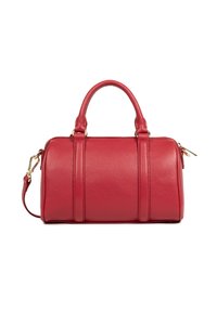 Red textured leather handbag with two top handles, detachable shoulder strap, and gold-tone metal hardware against a white background.