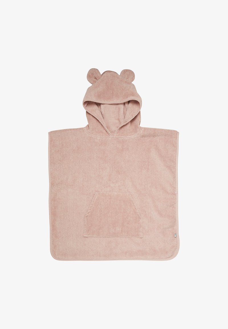 Roze hooded poncho handdoek van zacht badstof. Beschikt over berenoren op de capuchon en een voorvak. Rechthoekige vorm, pluche textuur.
