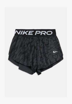 Short de sport Nike Pro noir à motif, avec une large ceinture élastique et le logo Nike swoosh blanc sur l'avant.