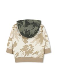 Camo-patroon hoodie met een tan en crèmekleurige basis, groene capuchon, ribgebreide manchetten en zoom. Zachte textuur en casual ontwerp.