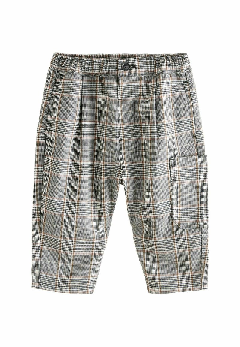 Grå ternede cargo shorts med en afslappet pasform, der har en talje med elastik og knaplukning samt en sidelomme.