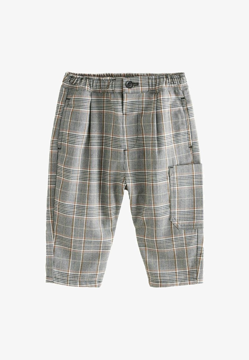 Grijze geruite cargoshorts met een relaxte pasvorm, voorzien van een tailleband met elasticiteit en knoopsluiting, en een zijzak.